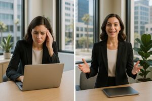 Female entrepreneur transformation from camera shy to confident through pricing confidence coaching in San Diego