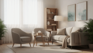 The image depicts a professional therapist's office designed for comfort, featuring cozy seating and calming decor that creates a compassionate space for individuals navigating life's challenges, including anxiety disorders and mental health issues. This inviting environment is ideal for various therapeutic approaches, such as cognitive behavioral therapy and individual therapy, helping clients on their healing journey in San Diego.