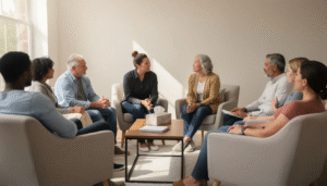 A diverse group of individuals sits in a circle during a group therapy session, providing a compassionate space for discussing mental health issues such as anxiety disorders and coping skills. The atmosphere encourages participants to navigate life's challenges and support each other on their healing journeys.