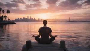 A person sits peacefully by San Diego Bay during sunset, practicing mindfulness and embracing relaxation techniques to navigate life's challenges. This serene moment highlights the importance of emotional well-being and coping skills in managing anxiety disorders and promoting a healing journey.