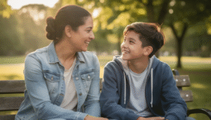 A parent and their teenage child are engaged in a positive conversation outdoors, surrounded by greenery, fostering emotional well-being and support as they navigate life's challenges together. This scene reflects the importance of open communication in addressing mental health issues and building resilience within family relationships.