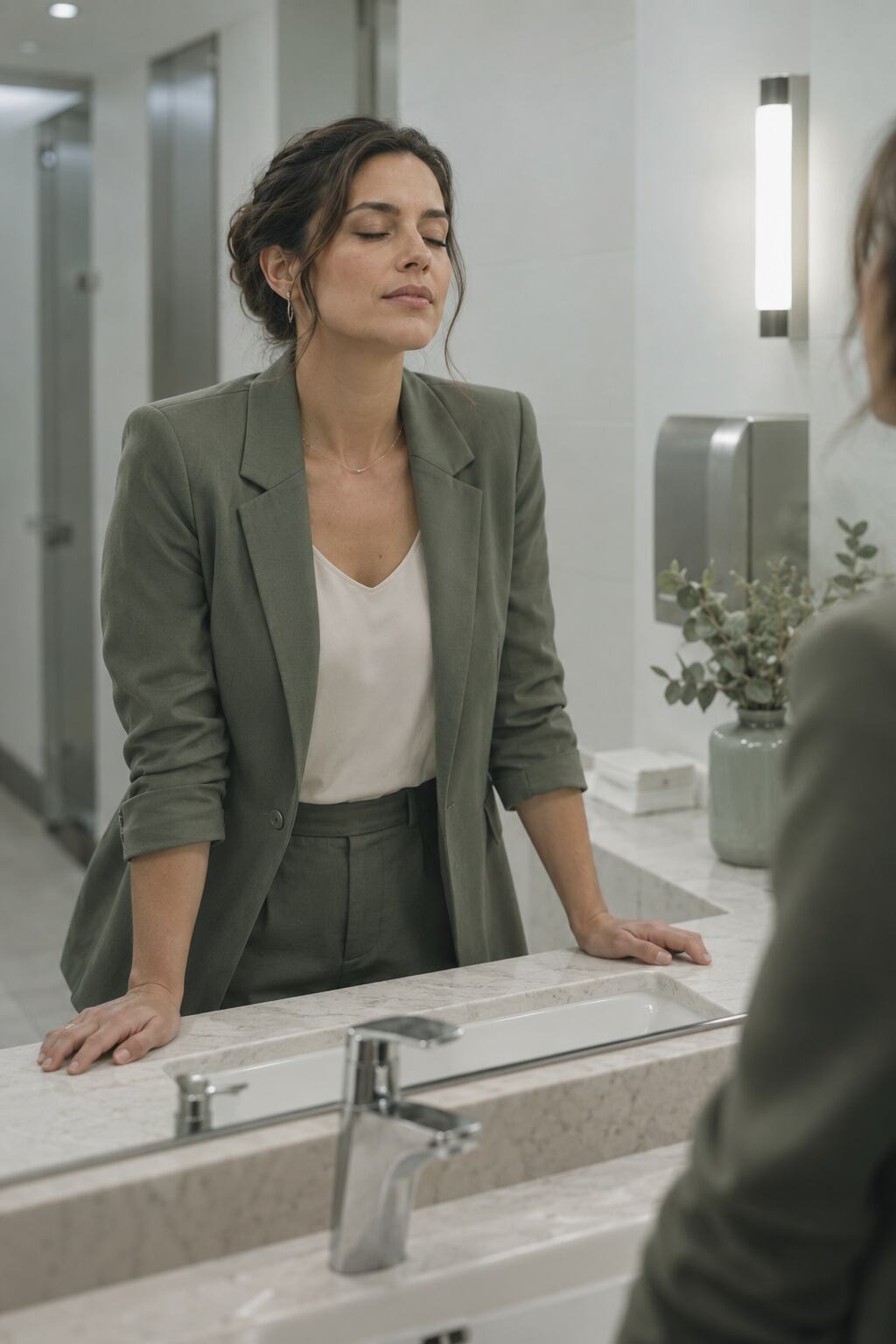 hypnotherapy for panic attacks- woman stands in bathroom at work, calming self, preventing panic attack, after hypnotherapy help